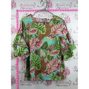 Rose & Olive T-shirt ruffle Tropical Leaf Flutter-Sleeve Blouse Green and Pink